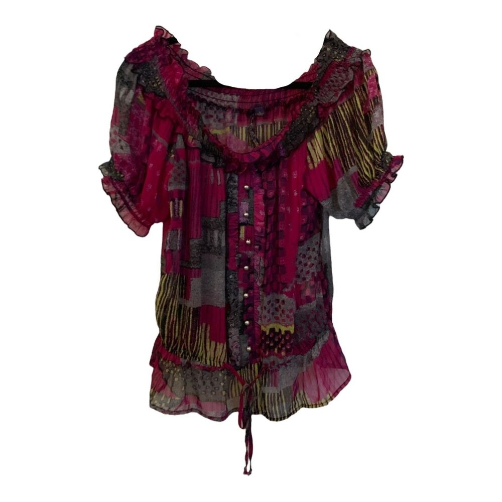 KOUTURE juniors pink printed see through fashion top juniors LARGE